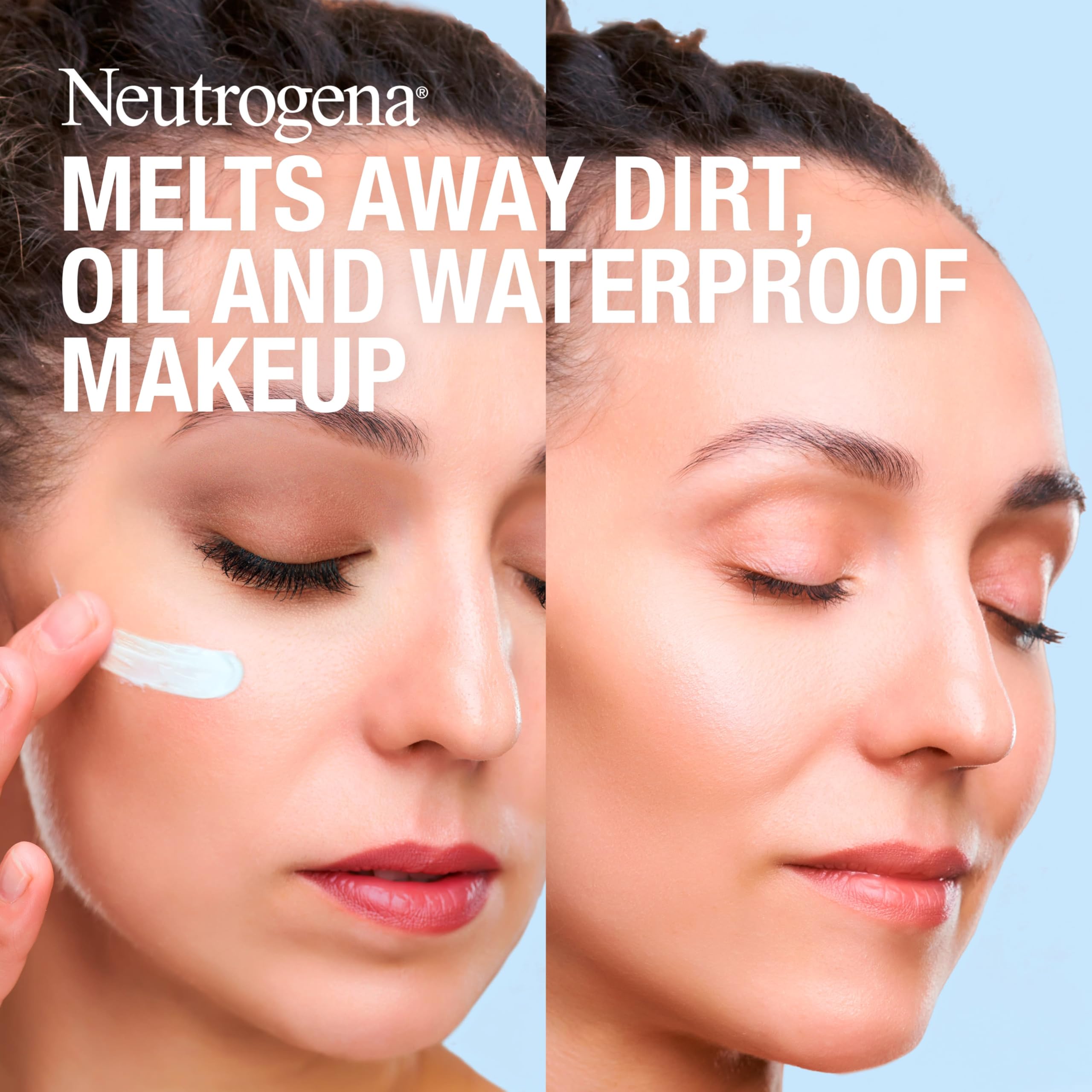 Neutrogena Makeup Melting Cleansing Balm texture being massaged onto dry skin for makeup melt.