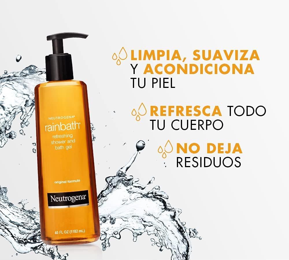 Neutrogena Rainbath 40oz pump with hands lathering for smooth, moisturized skin.
