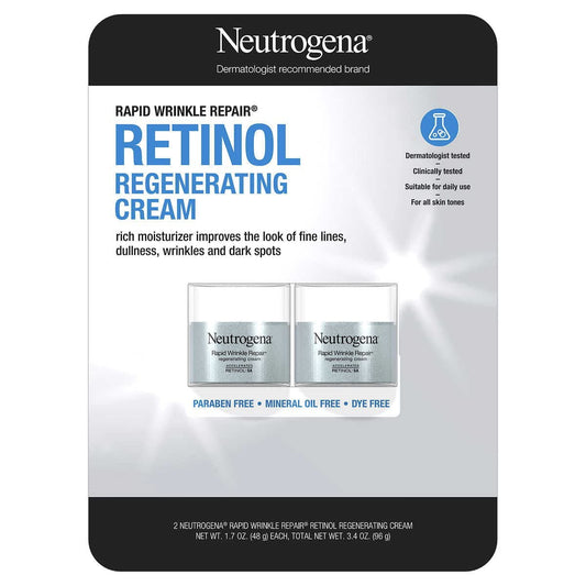 Neutrogena Rapid Wrinkle Repair jar close-up showing retinol moisturizer for reducing fine lines.