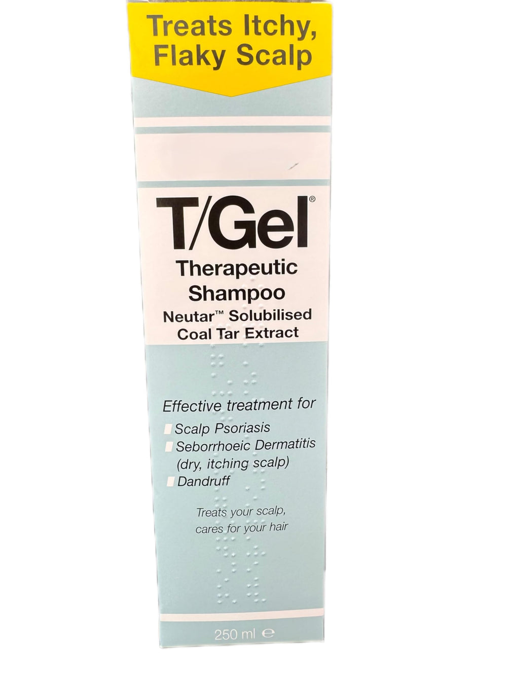 Label close-up of Neutrogena T-Gel 250 ml bottle
