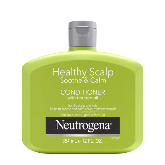 Neutrogena Tea Tree Oil Conditioner bottle on bathroom shelf for daily scalp care