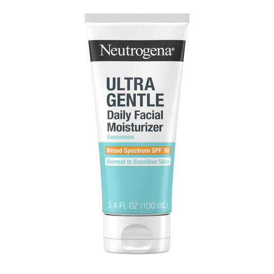 Neutrogena Ultra Gentle SPF 30 bottle-front shows fragrance-free protection for sensitive skin.