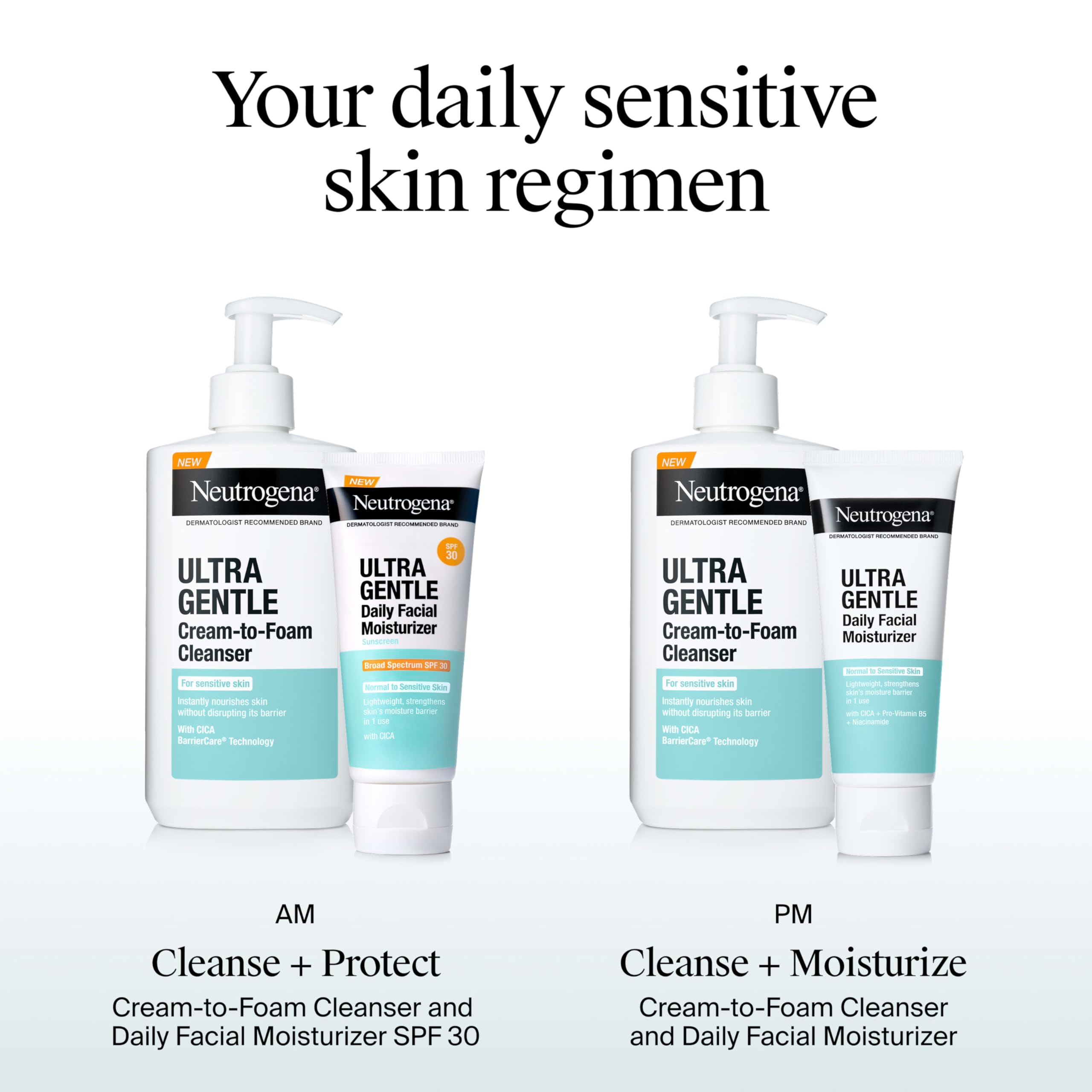 Neutrogena Ultra Gentle SPF 30 fragrance-free bottle emphasizes sensitive-skin suitability.