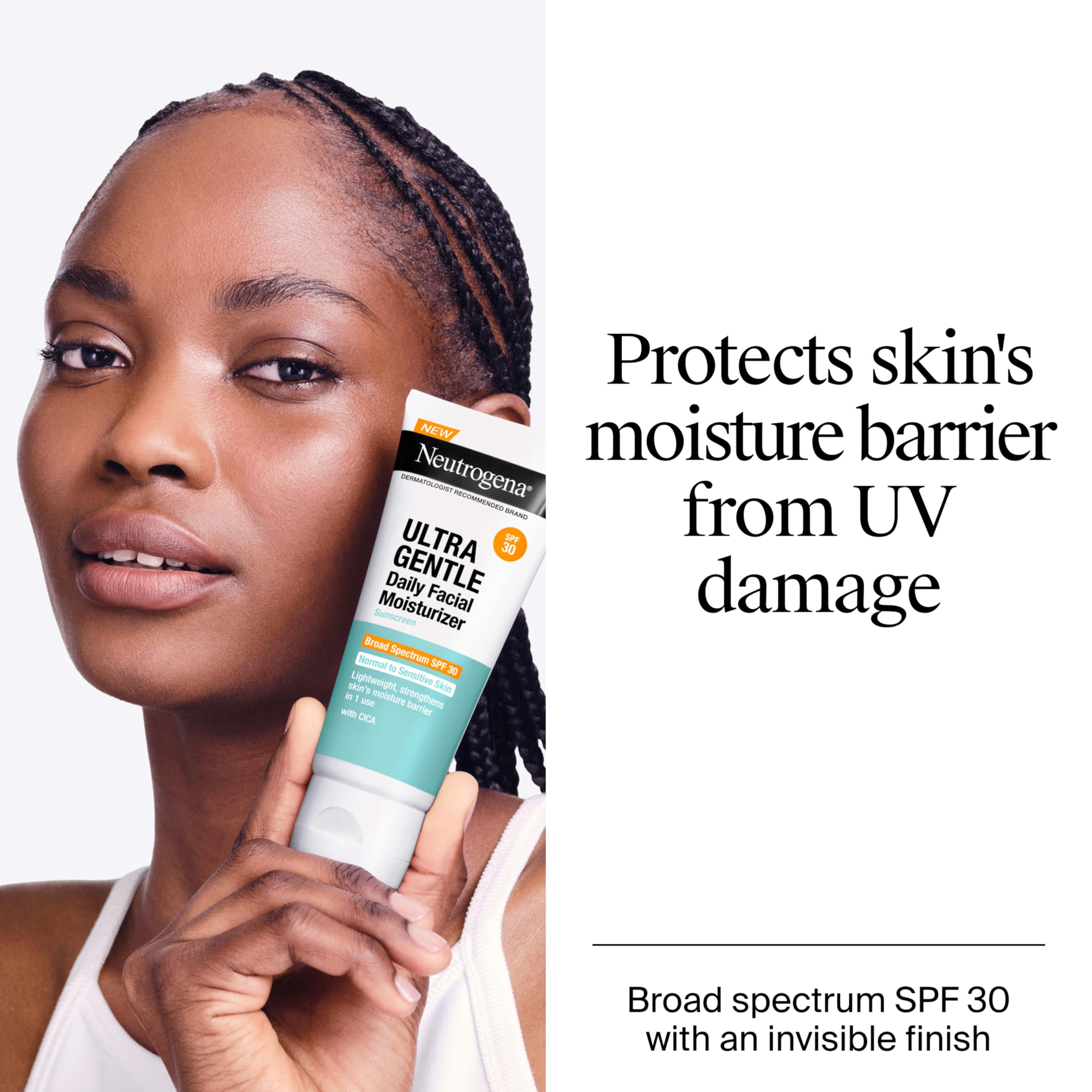 Neutrogena Ultra Gentle SPF 30 hand-application demonstrates easy daily sunscreen routine.