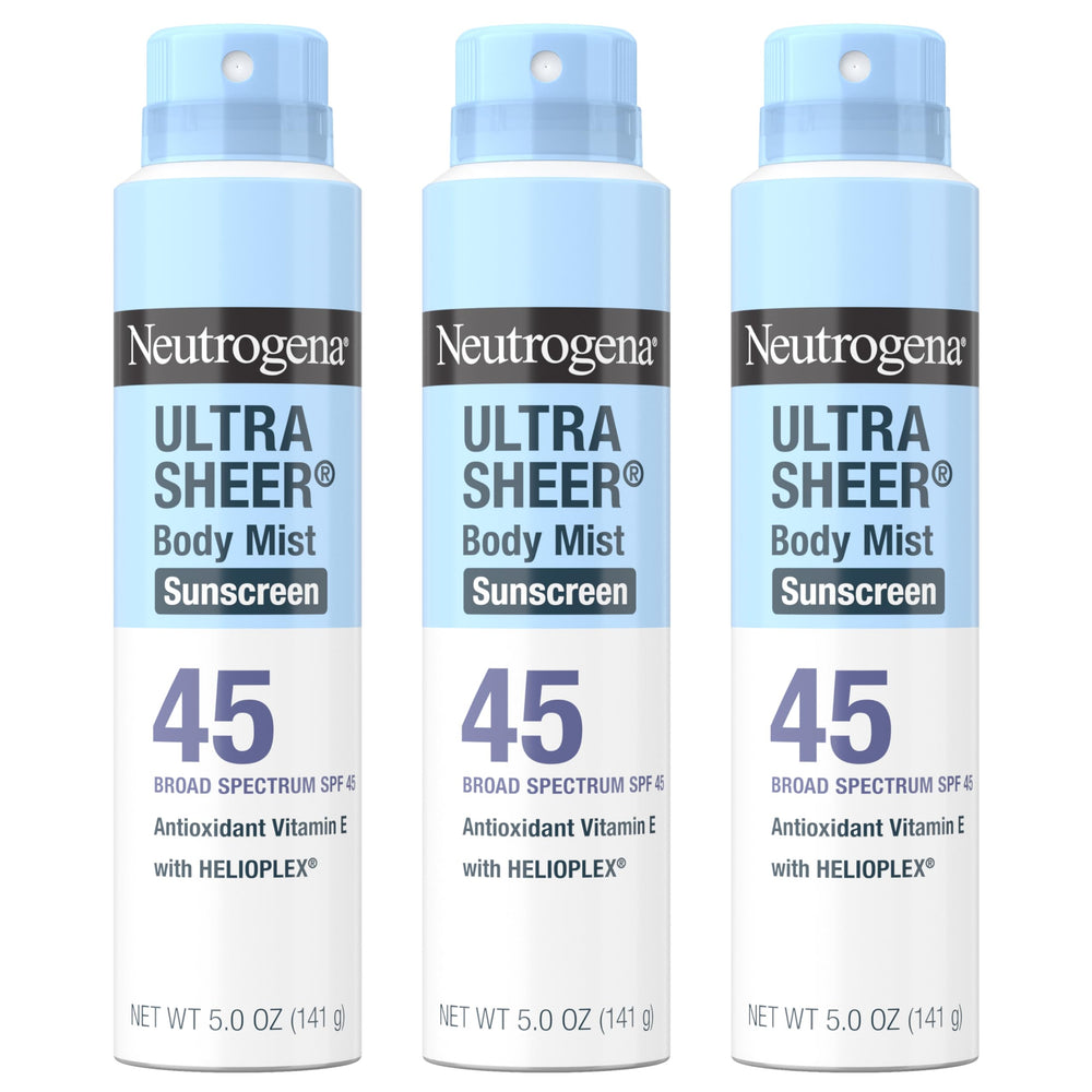 Neutrogena Ultra Sheer Body Mist SPF 45 bottle and spray for broad protection.