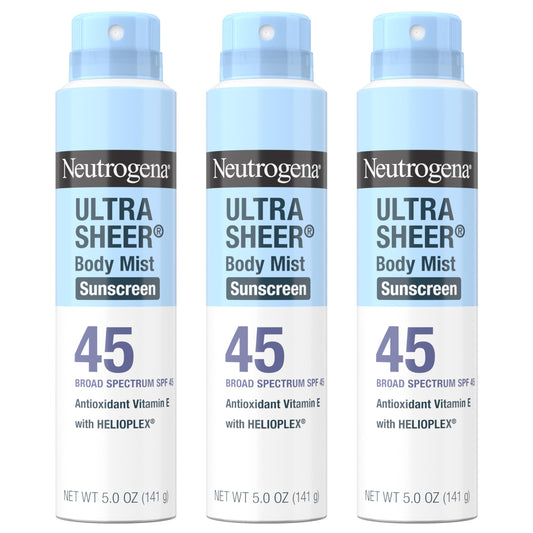 Neutrogena Ultra Sheer Body Mist SPF 45 bottle and spray for broad protection.