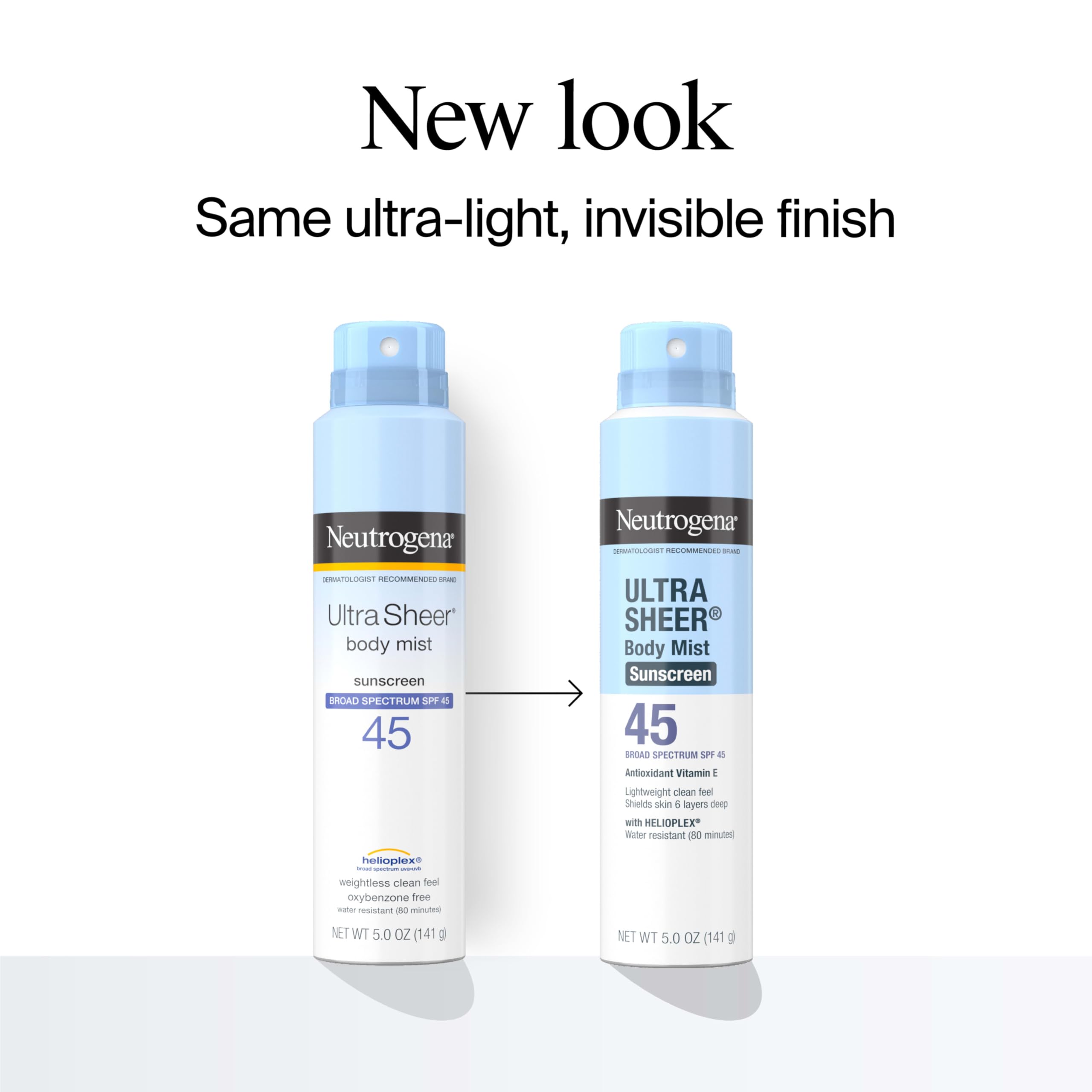 Neutrogena Ultra Sheer Body Mist SPF 45 with sheer finish.