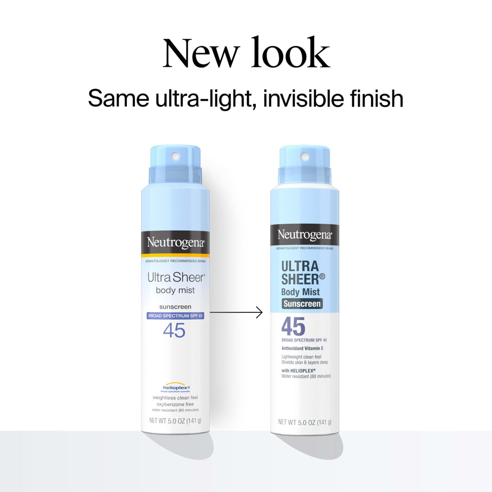 Neutrogena Ultra Sheer Body Mist SPF 45 with sheer finish.