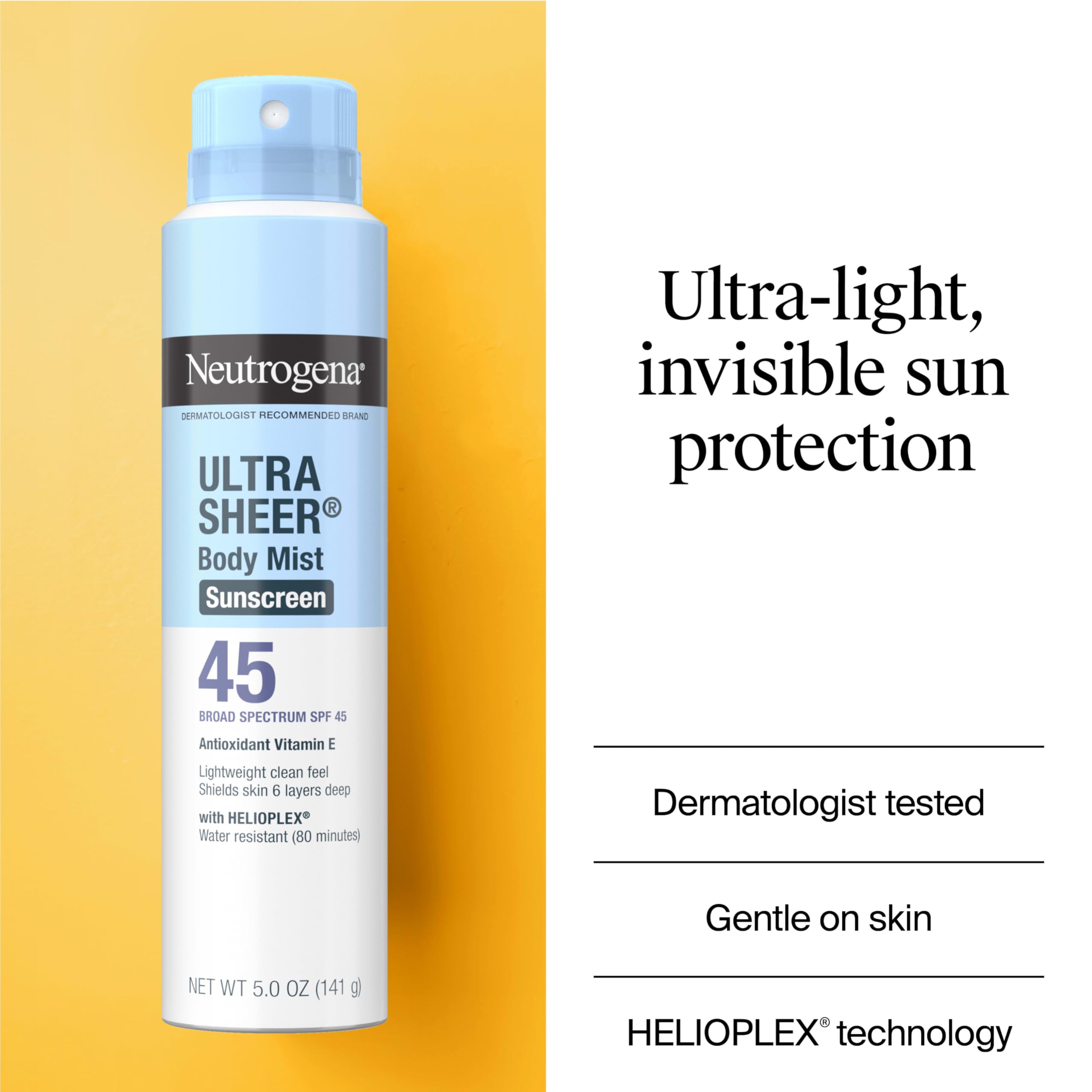 Neutrogena Ultra Sheer Body Mist provides weightless, quick-absorbing coverage.