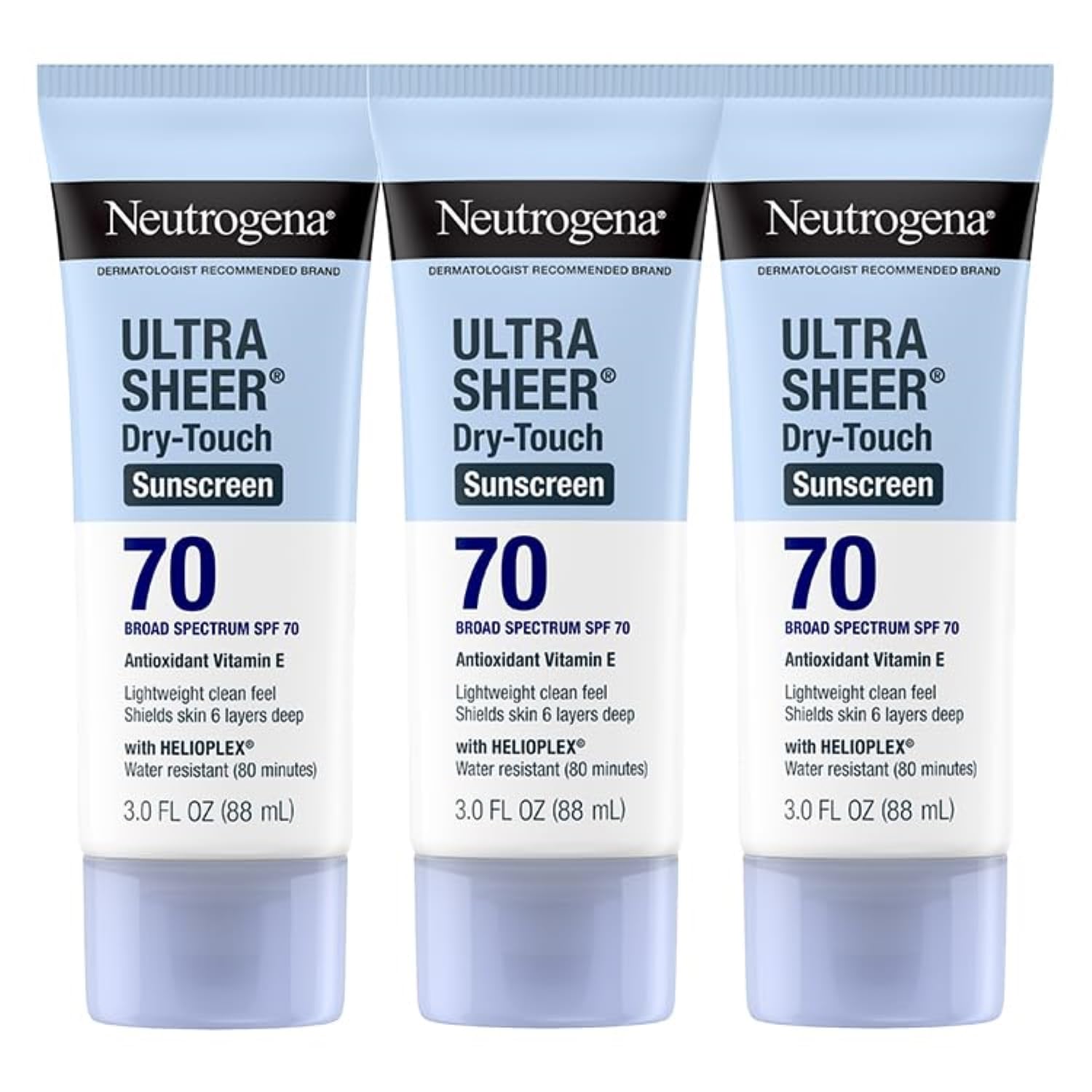 Neutrogena Ultra Sheer Dry-Touch sunscreen bottle front label shows SPF 70.