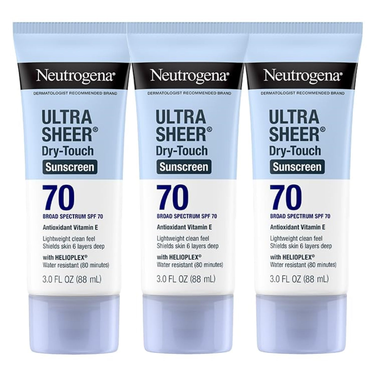 Neutrogena Ultra Sheer Dry-Touch sunscreen bottle front label shows SPF 70.