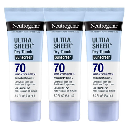 Neutrogena Ultra Sheer Dry-Touch sunscreen bottle front label shows SPF 70.