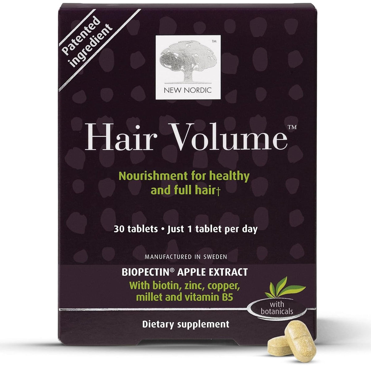 New Nordic Hair Volume Tablets bottle front showing product designed to support fuller hair.