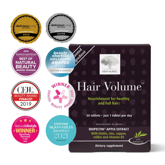 New Nordic Hair Volume Tablets bottle side with label and ingredient highlights.
