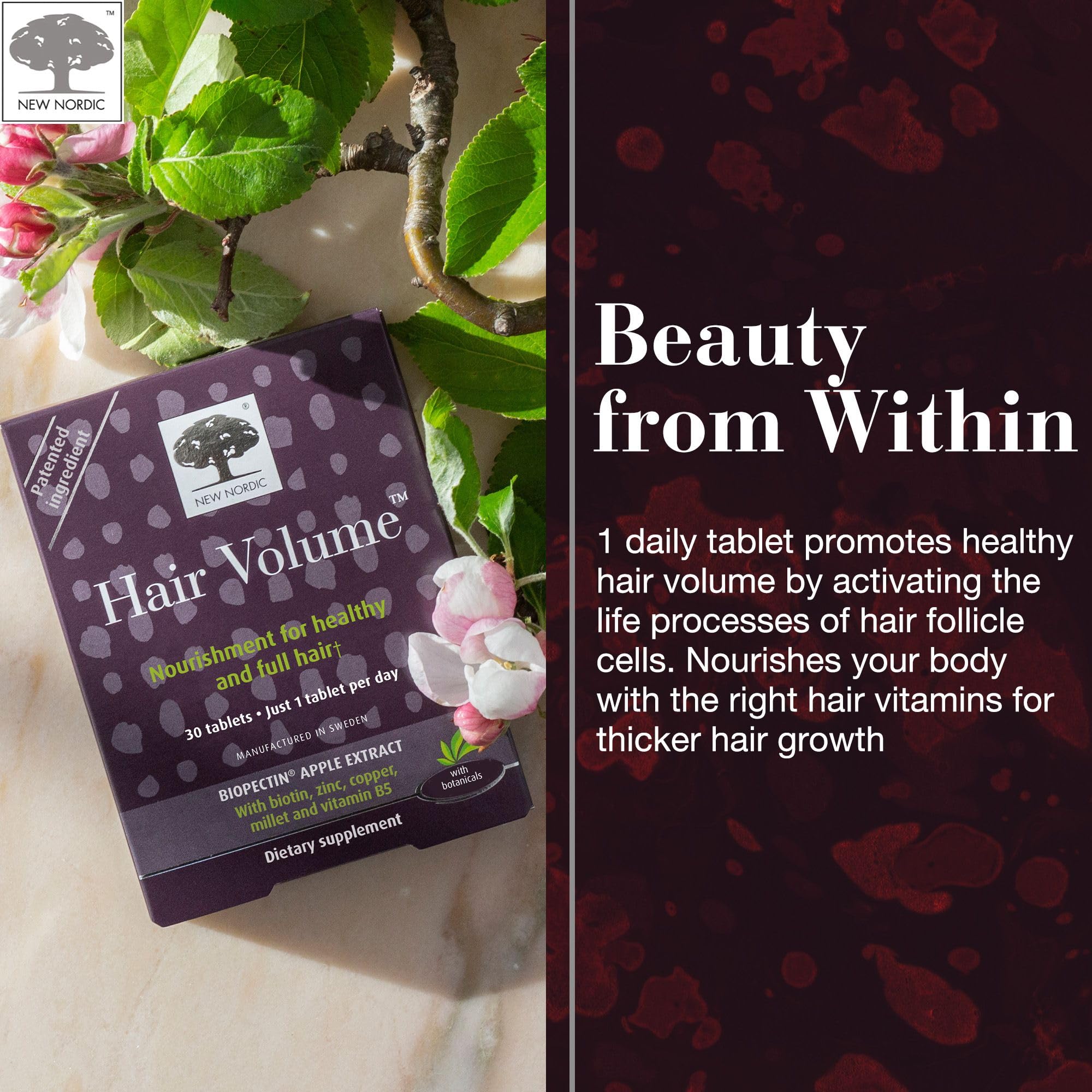 New Nordic Hair Volume Tablets capsules shown for daily use.