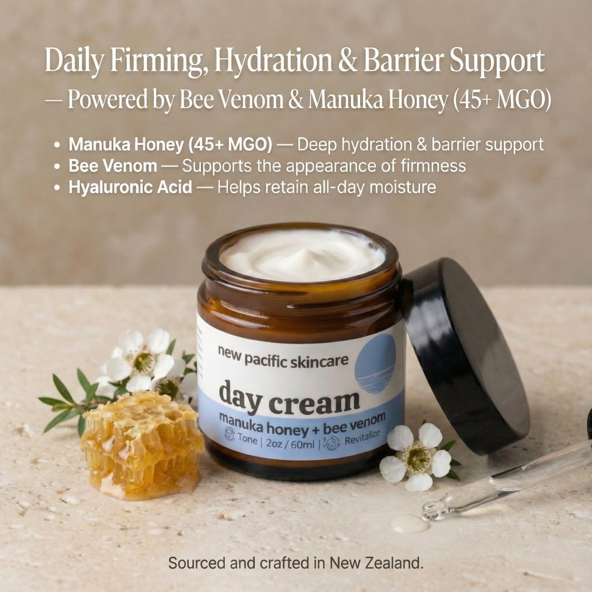 New Pacific Skincare Bee Venom and Manuka Honey ingredient swatch shows luxurious texture.