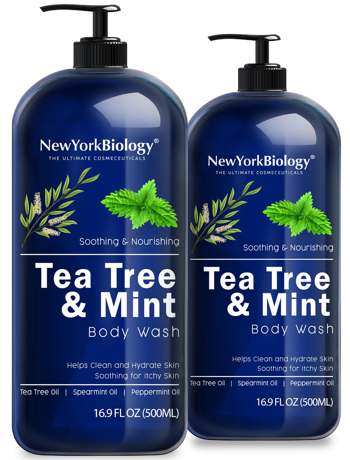 New York Biology Tea Tree Mint Body Wash bottle closeup for refreshing cleanse.