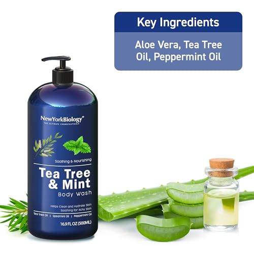 New York Biology Tea Tree Mint Body Wash peppermint oil ingredient accent for invigorating scent.