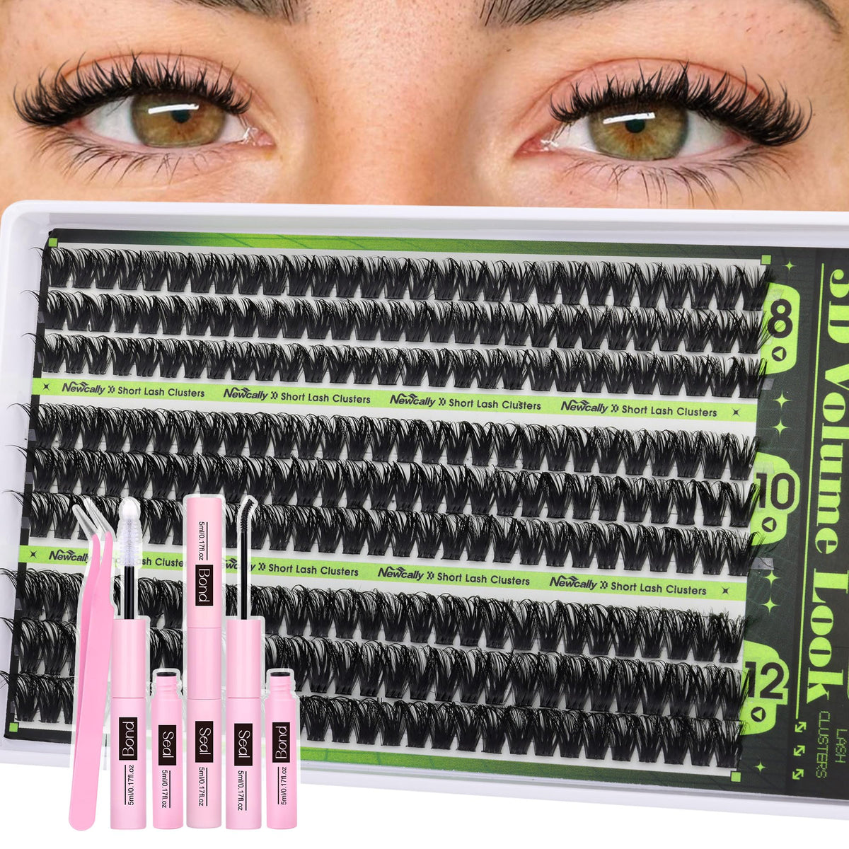 Newcally 80D lash clusters kit in 8-12mm for natural short lash enhancement.