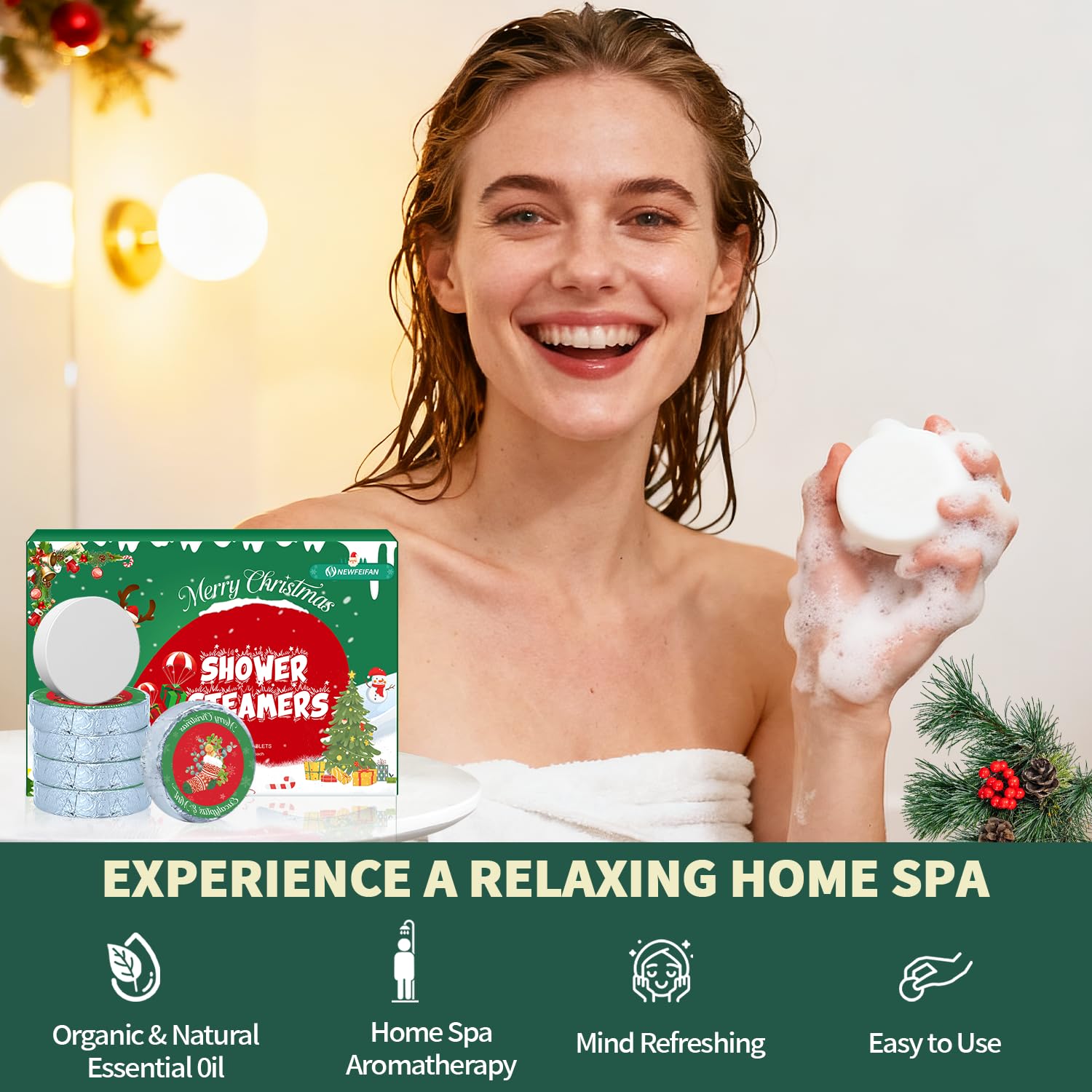 NEWFEIFAN spa aroma release steamers activated by hot water for relaxing showers.