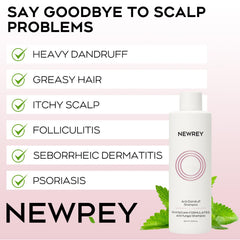 NEWREY antifungal shampoo foam dispenser demonstrates deep cleansing for flaky scalps.
