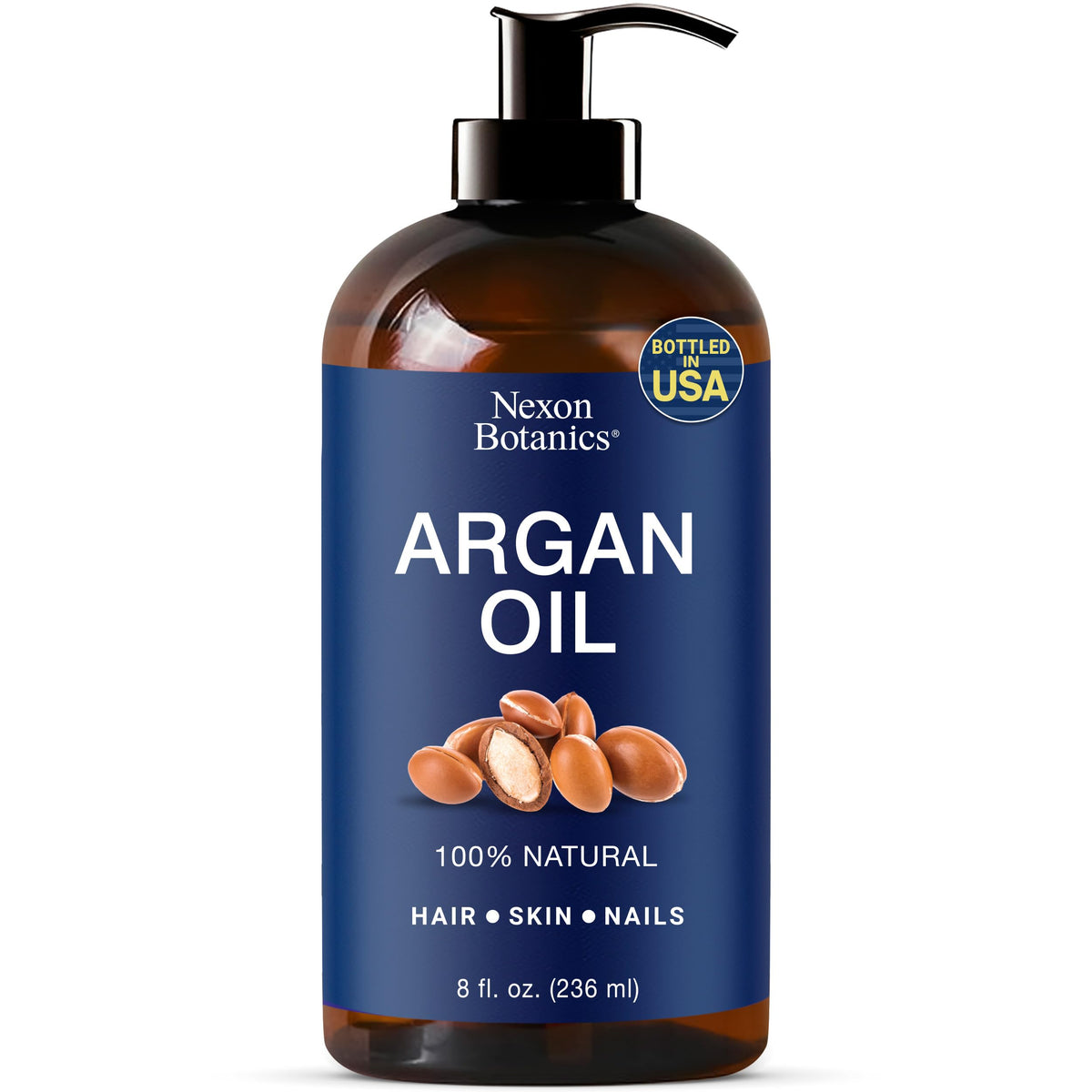 Nexon Botanics Argan Oil bottle closeup for natural nourishment.
