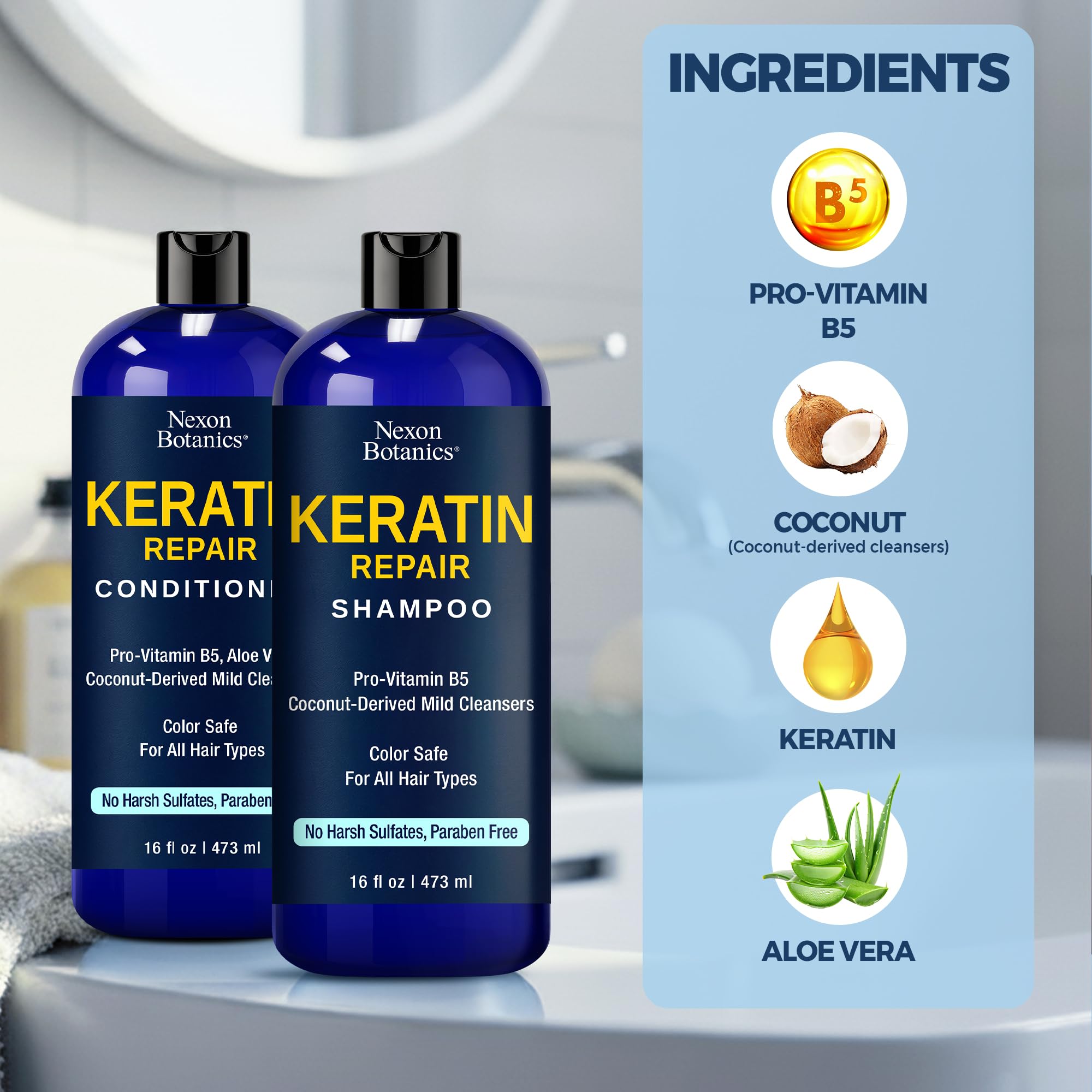 Nexon Botanics Keratin Conditioner bottle highlighting frizz control and detangling.