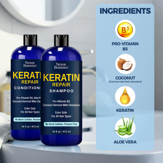 Nexon Botanics Keratin Conditioner bottle highlighting frizz control and detangling.