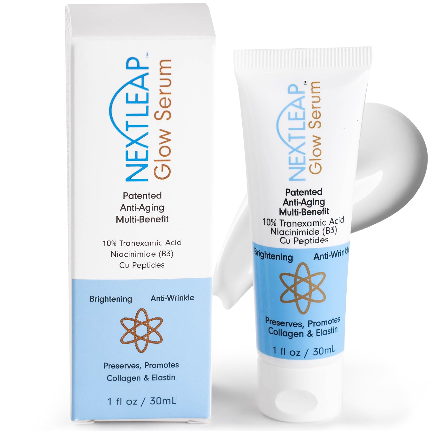 Next Leap Tranexamic Acid Serum 10% bottle promotes even skin tone and brightness.