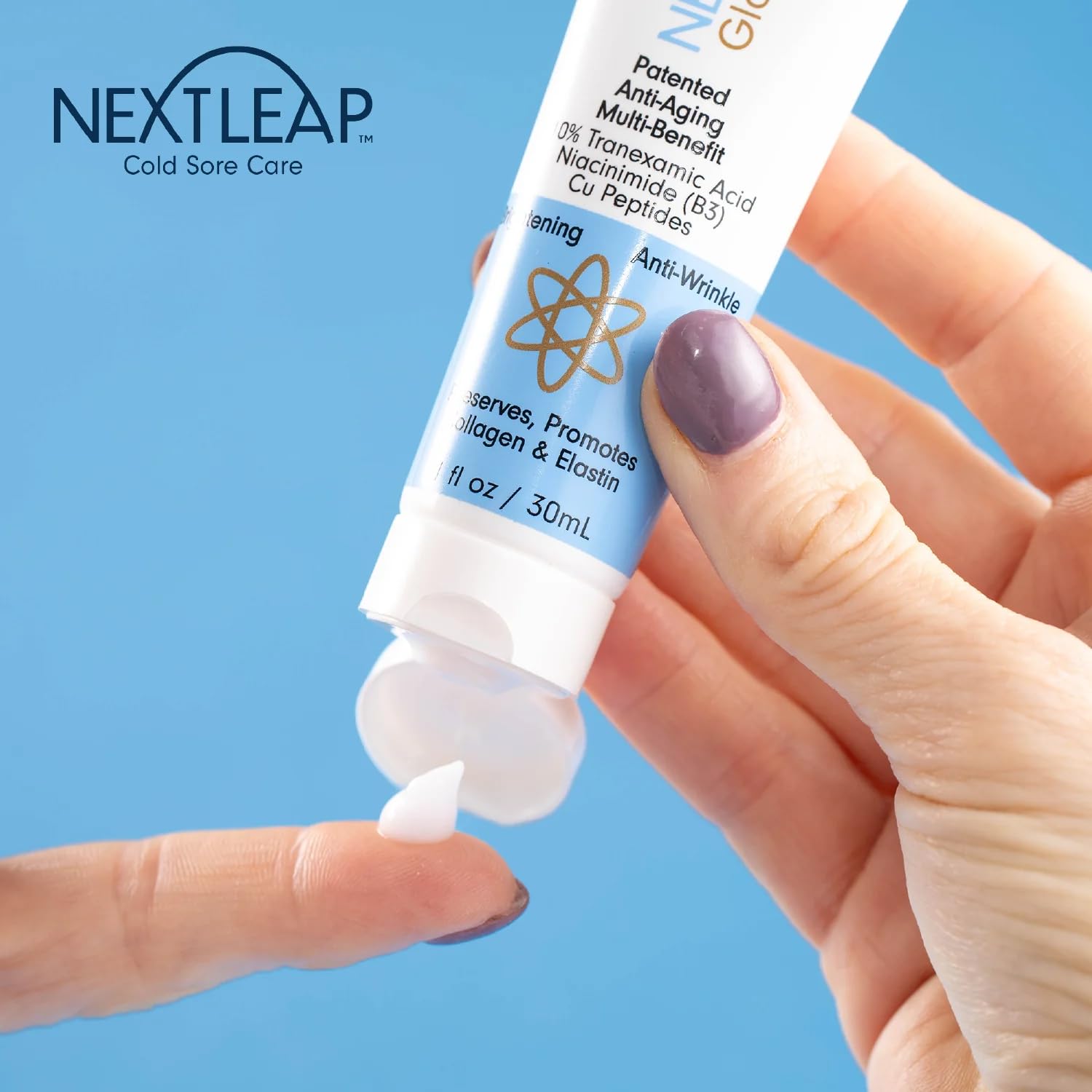 Next Leap Tranexamic Acid Serum 10% swatch demonstrates fragrance-free, skin-type friendly formula.