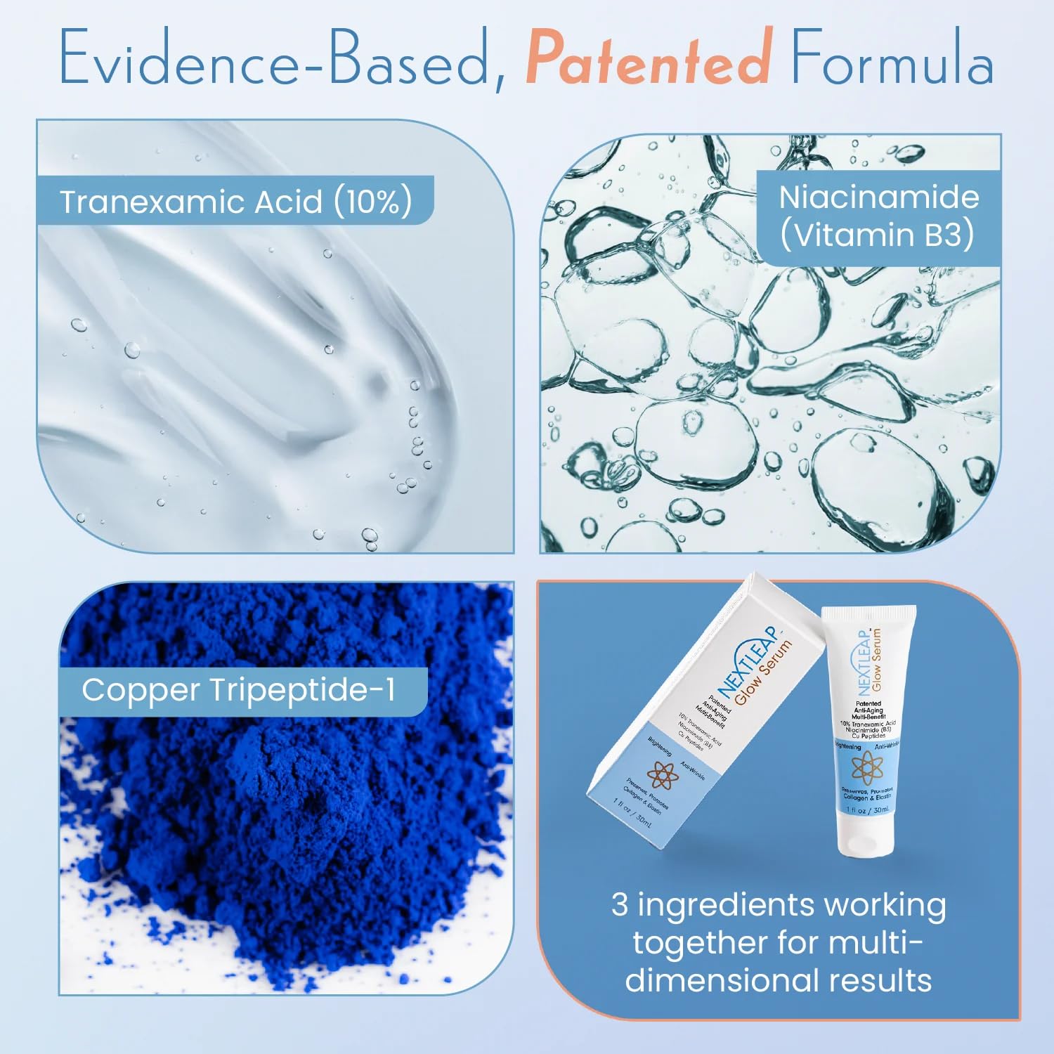 Next Leap Tranexamic Acid Serum 10% texture close-up reveals lightweight, non-greasy feel.