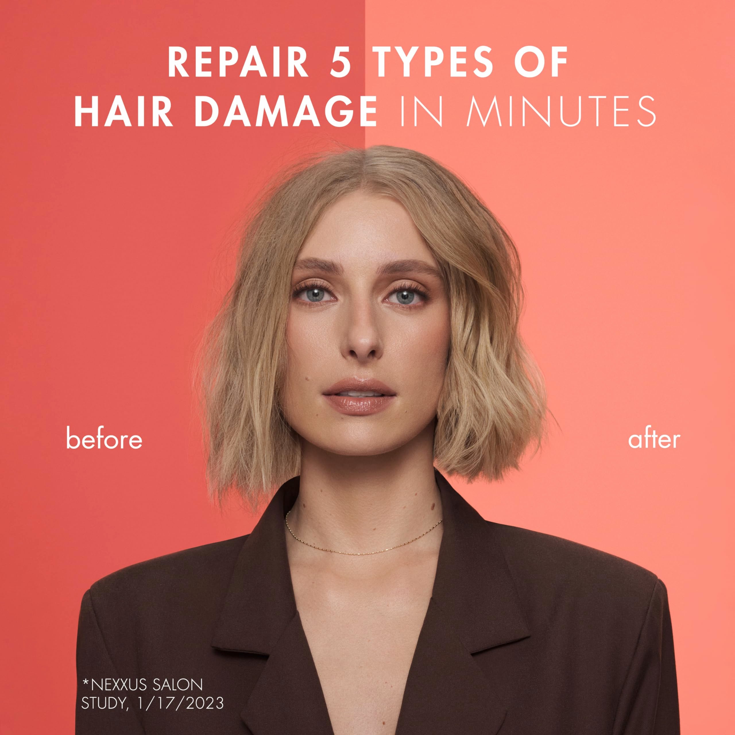 Nexxus product on vanity, signaling salon-grade care for damaged hair
