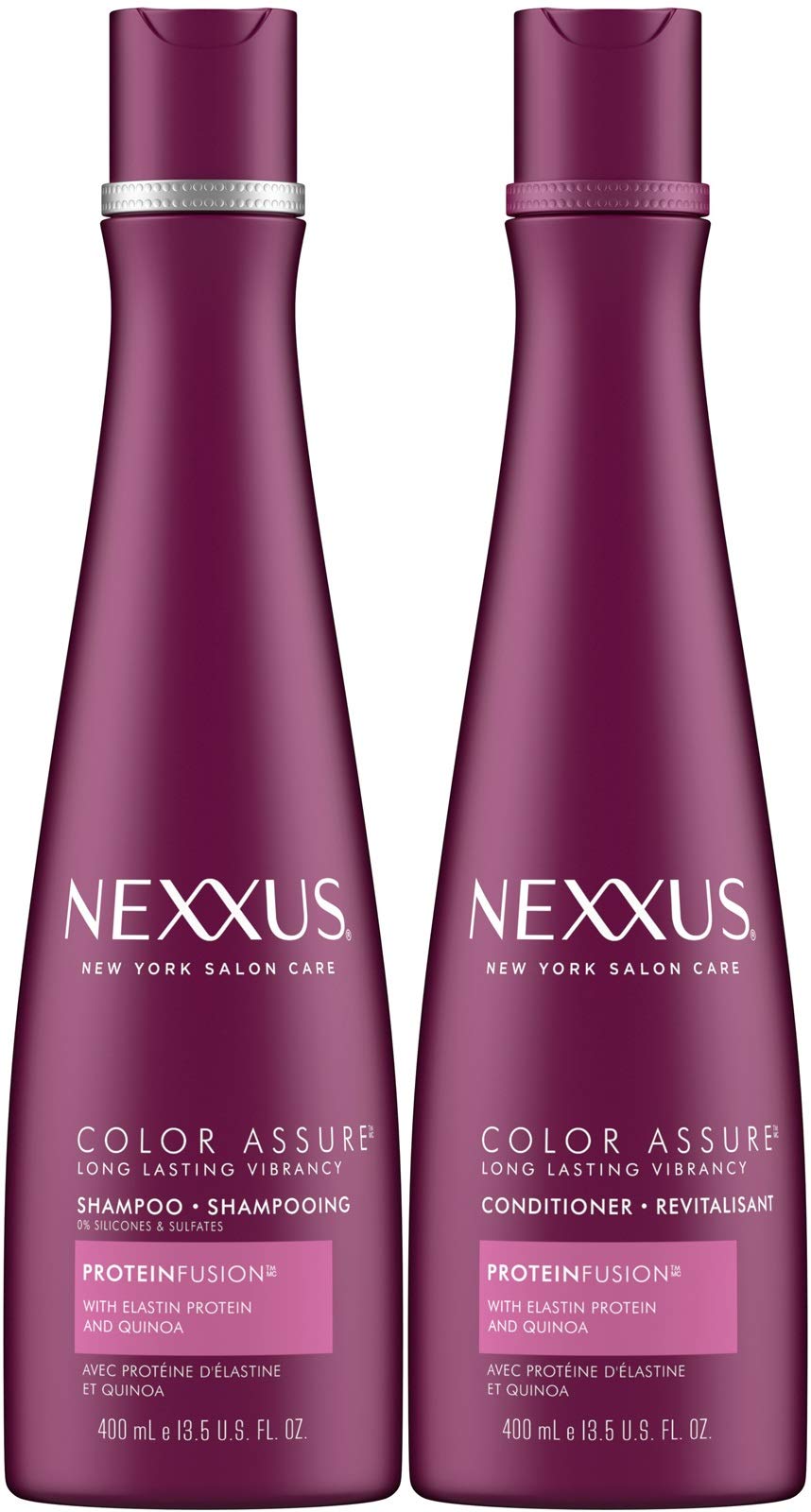 Nexxus Color Assure twin-pack bottles protect color and nourish treated hair.