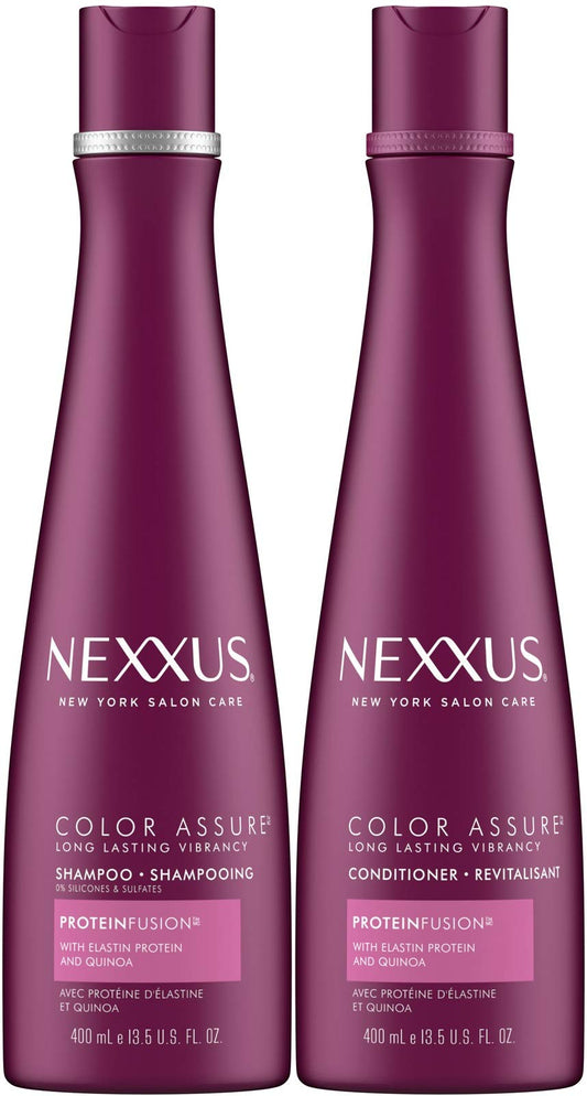 Nexxus Color Assure twin-pack bottles protect color and nourish treated hair.