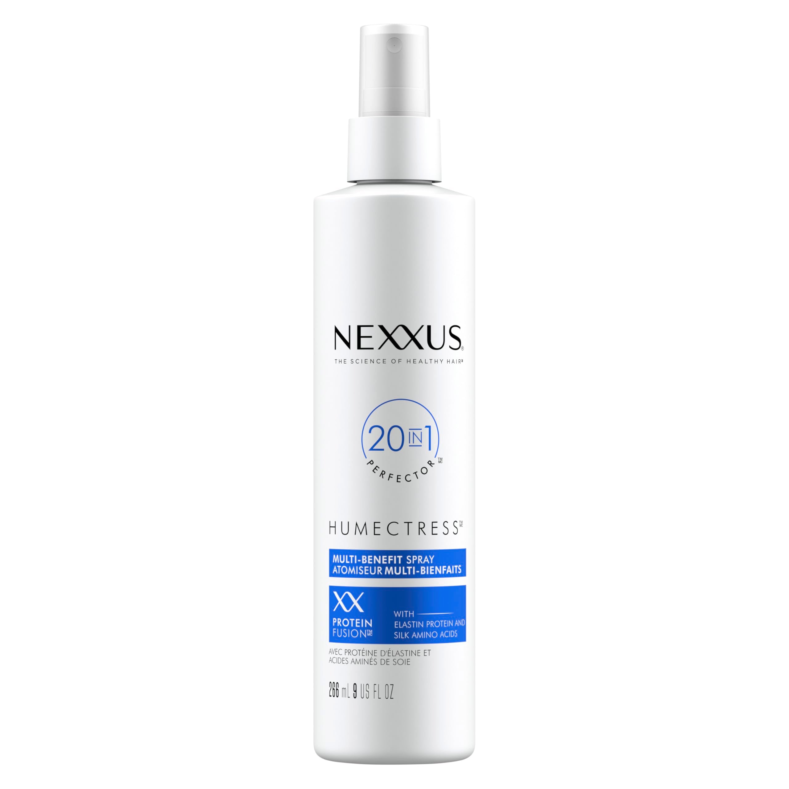 Nexxus Humectress leave-in spray bottle on a bathroom shelf for frizz control