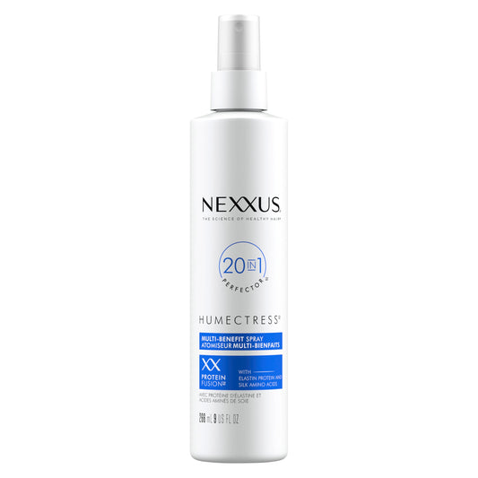 Nexxus Humectress leave-in spray bottle on a bathroom shelf for frizz control