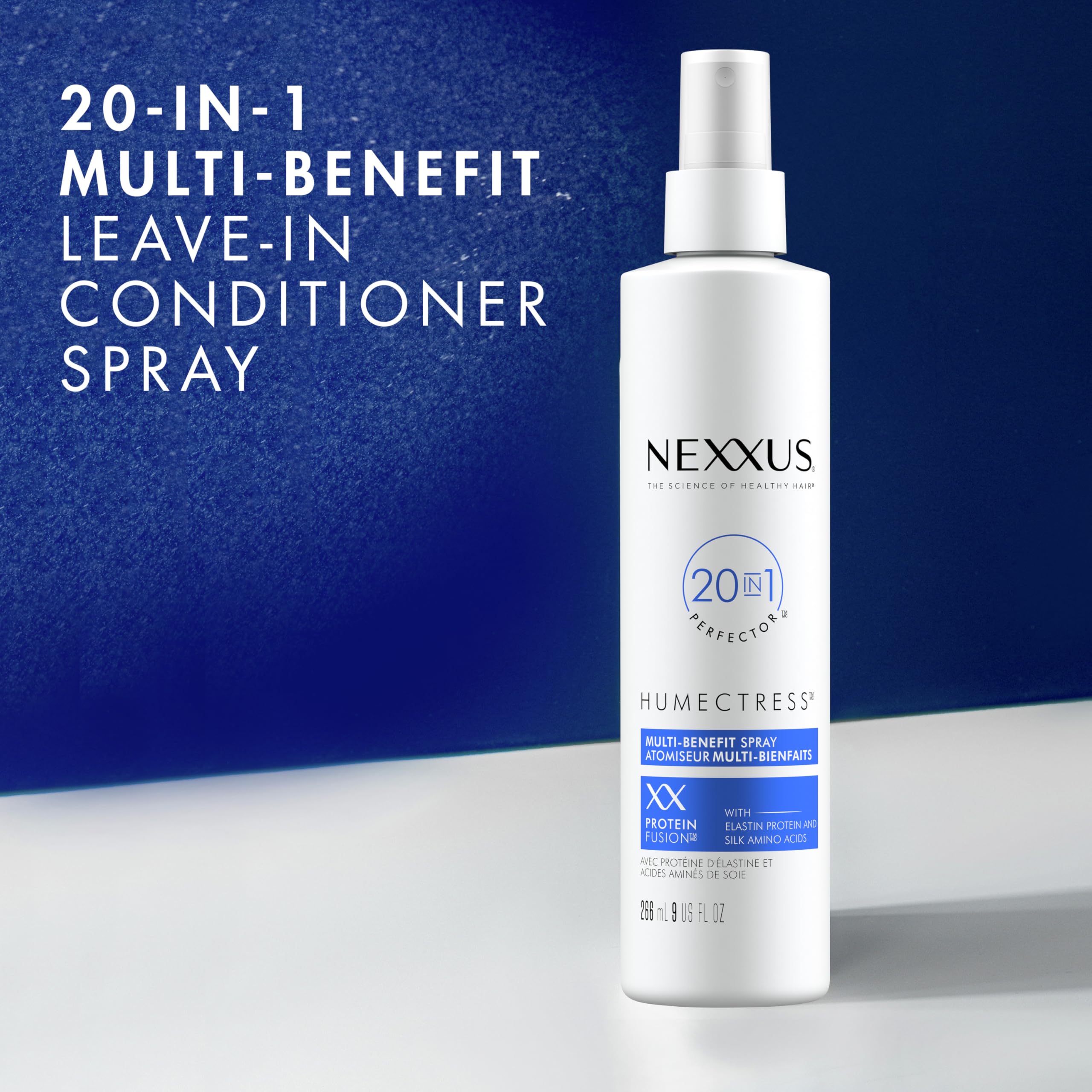 Nexxus Humectress bottle applied to damp hair showing smoothing effect