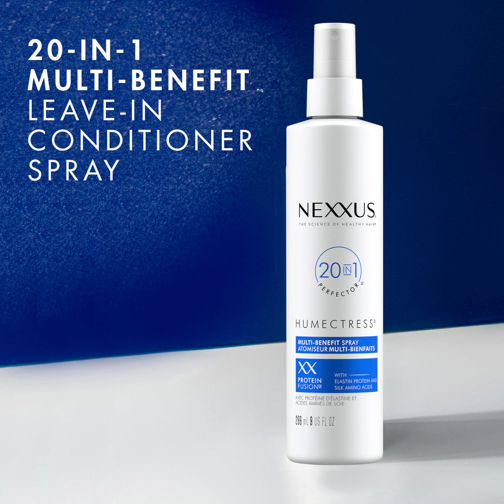 Nexxus Humectress bottle applied to damp hair showing smoothing effect