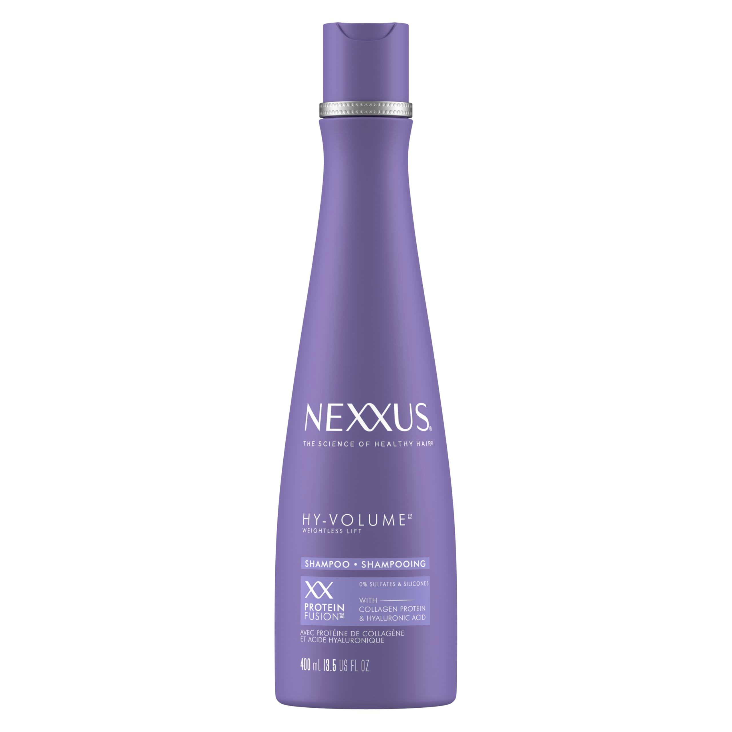 Nexxus Hy-Volume Shampoo bottle front highlights lightweight volume for flat hair.