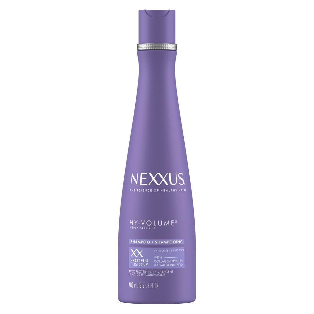 Nexxus Hy-Volume Shampoo bottle front highlights lightweight volume for flat hair.