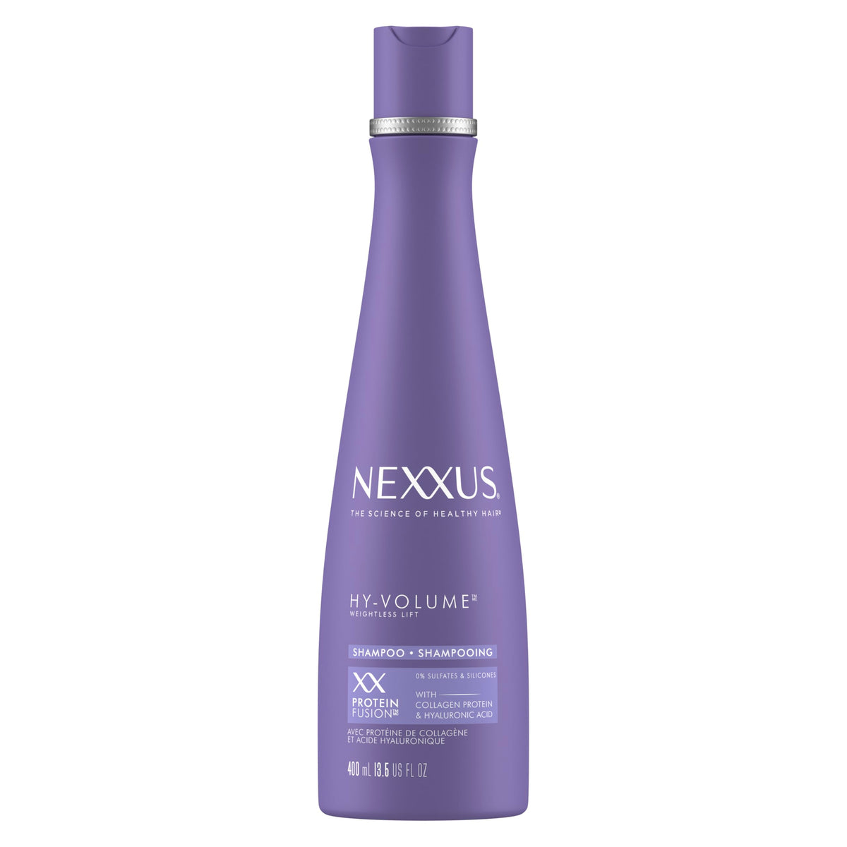 Nexxus Hy-Volume Shampoo bottle front highlights lightweight volume for flat hair.