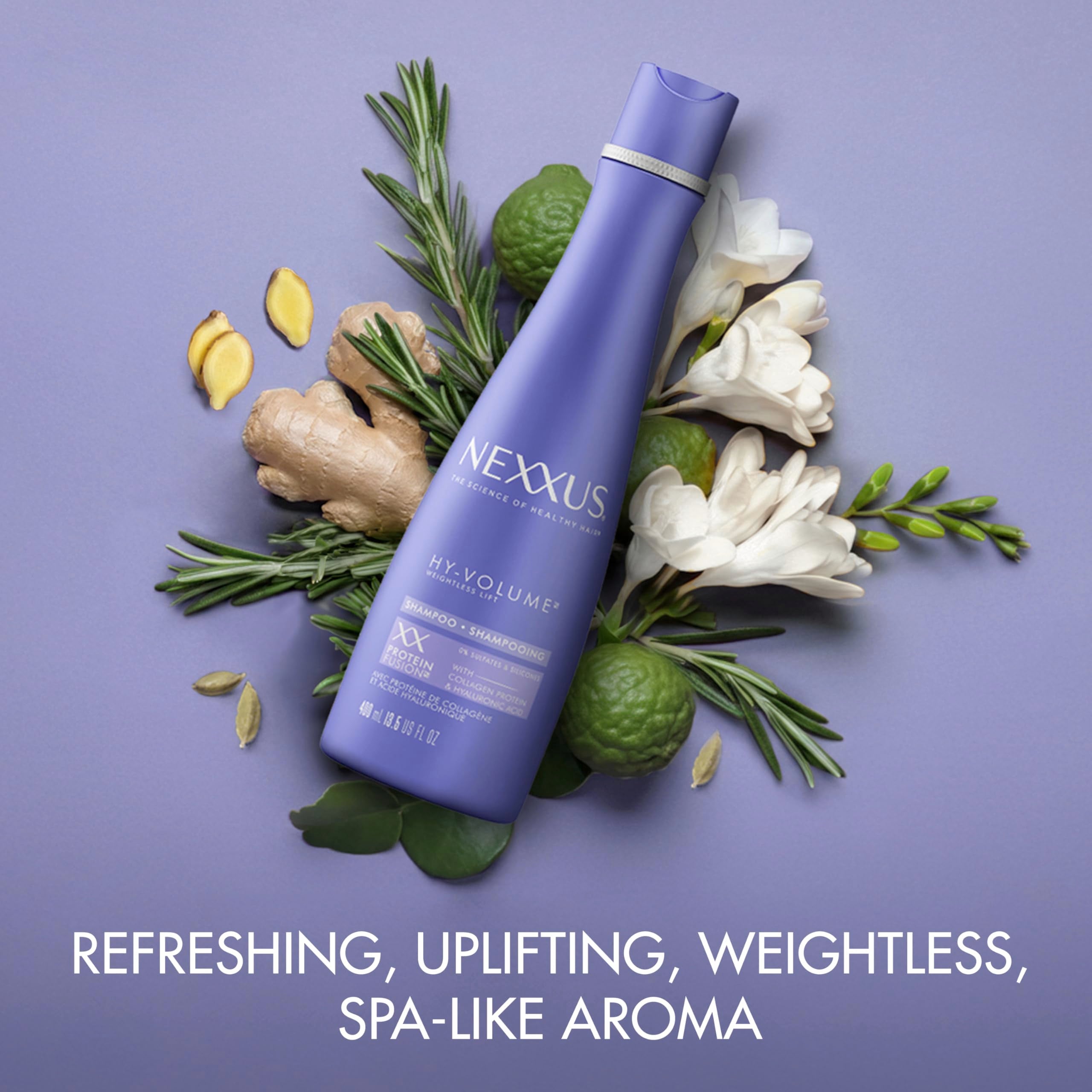 Graphic showing hyaluronic tubing technology powering lift in Nexxus Hy-Volume Shampoo.