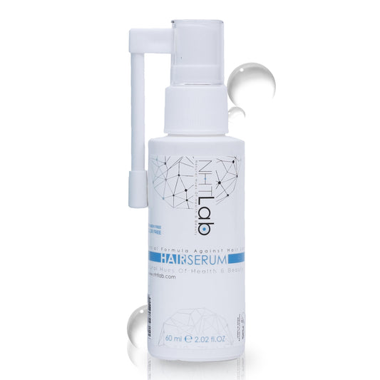 NHTLab Hair Growth Serum bottle close-up showing premium packaging for strong roots