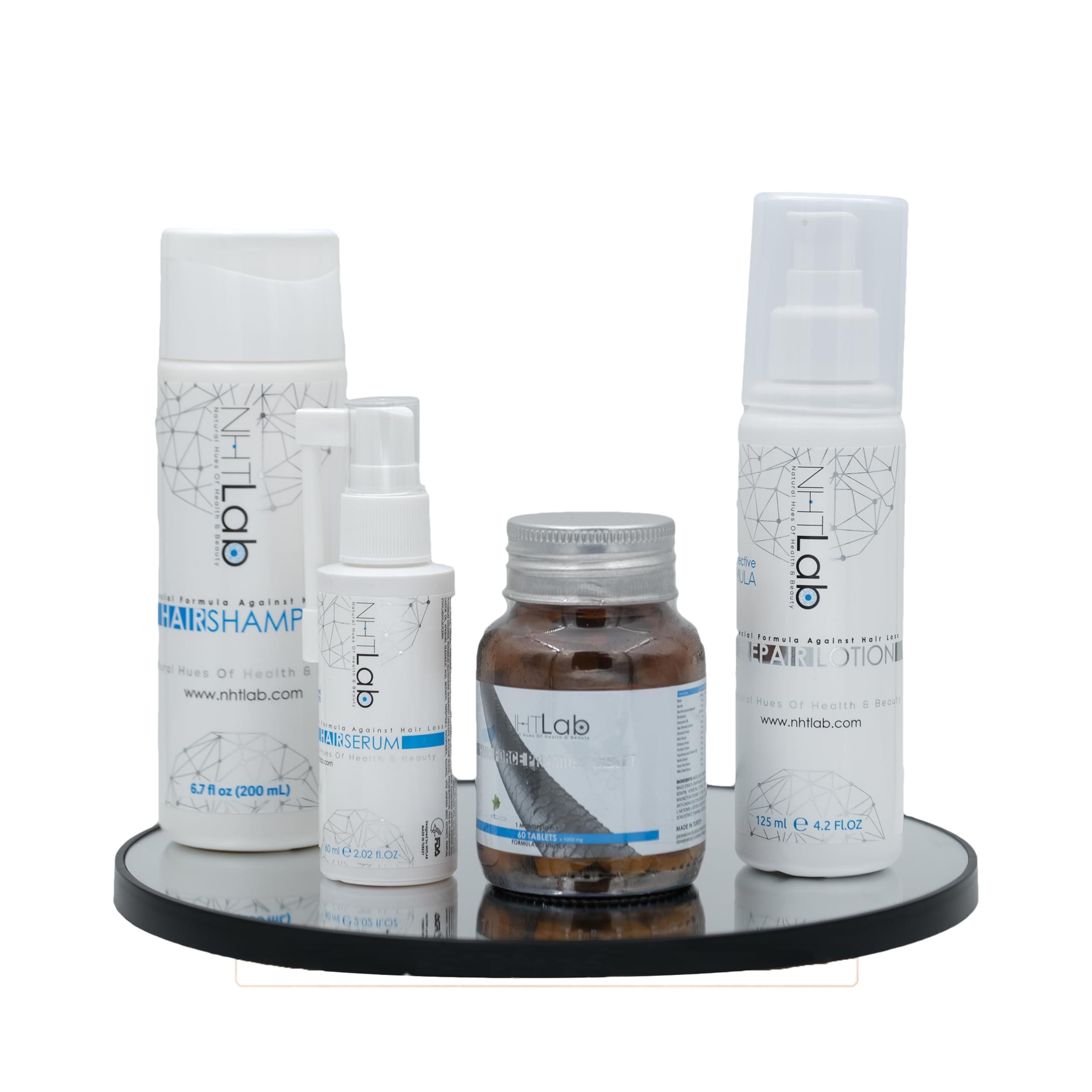 NHTLab Hair Growth Serum bottle emphasizes fragrance-free dermatologist-tested formula