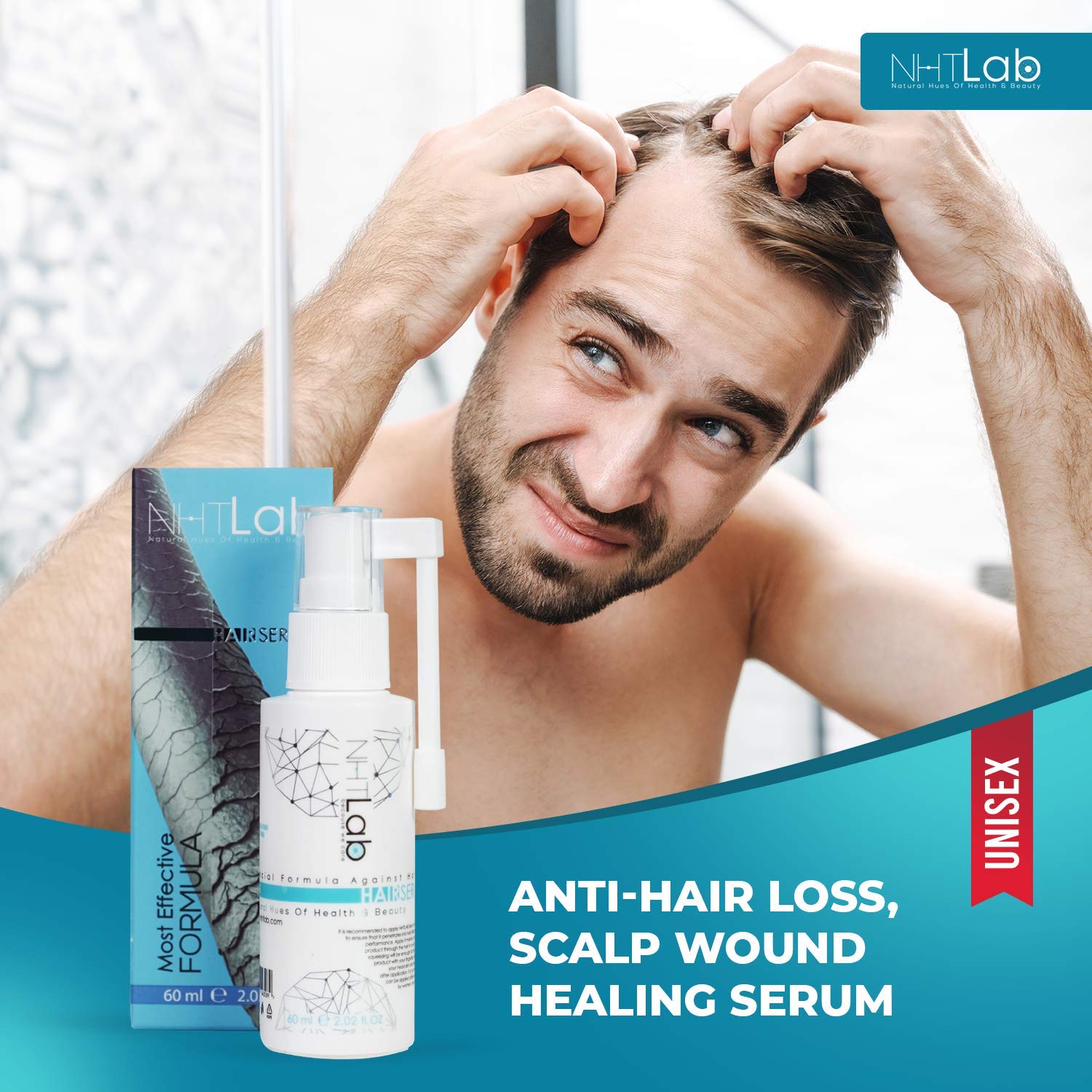 NHTLab Hair Growth Serum packaging on shelf highlighting clean formula