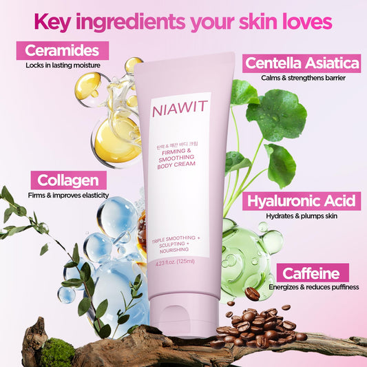 NIAWIT Firming Smoothing cream jar close-up shows creamy, non-greasy texture.