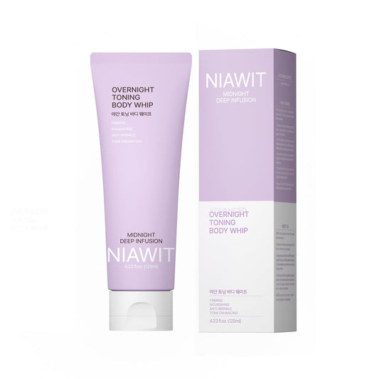 NIAWIT Overnight Toning Body Whip bottle pour shows lightweight, fast absorbing texture ideal for night use.