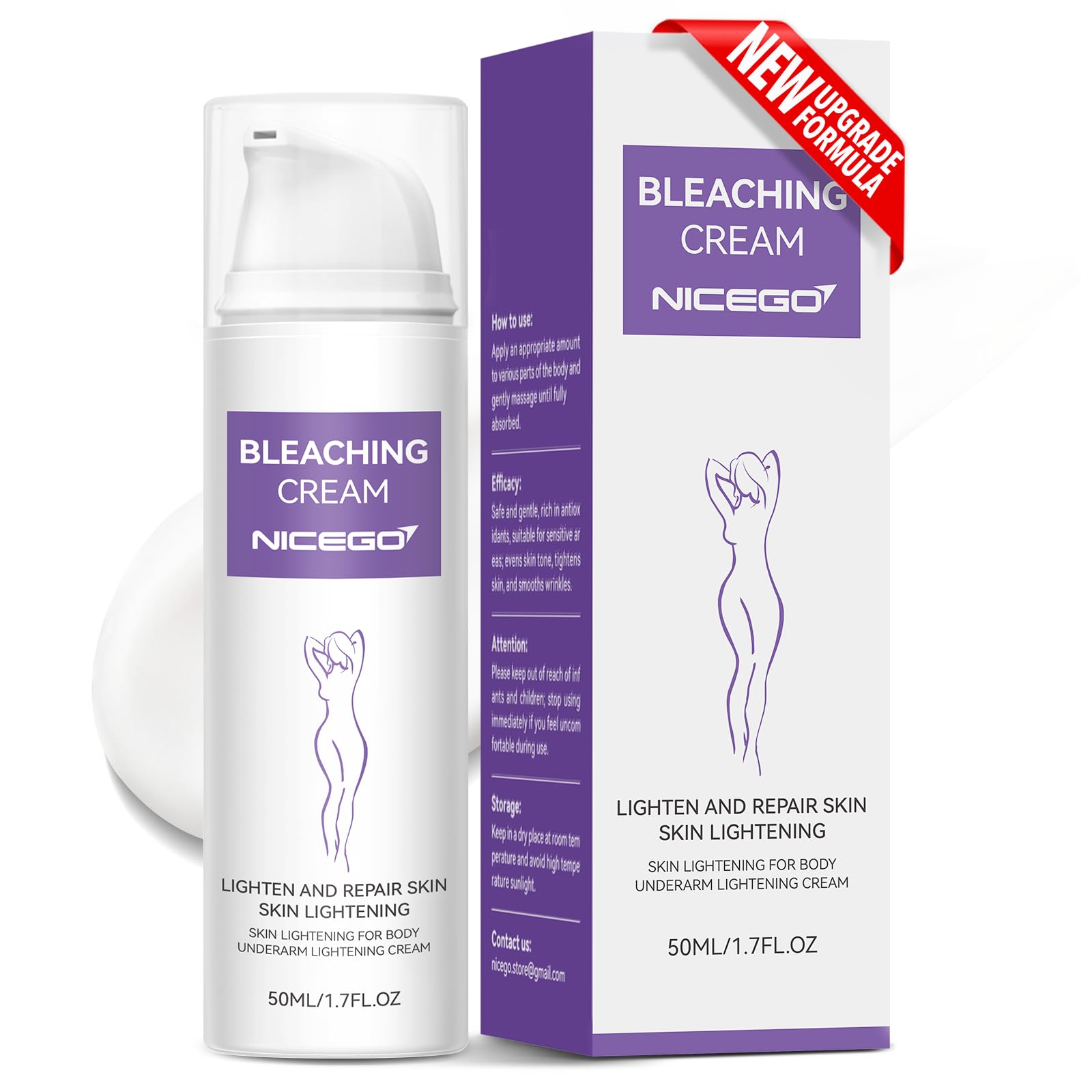 NiceGo dark spot remover cream bottle showing even-tone improvement on body skin.