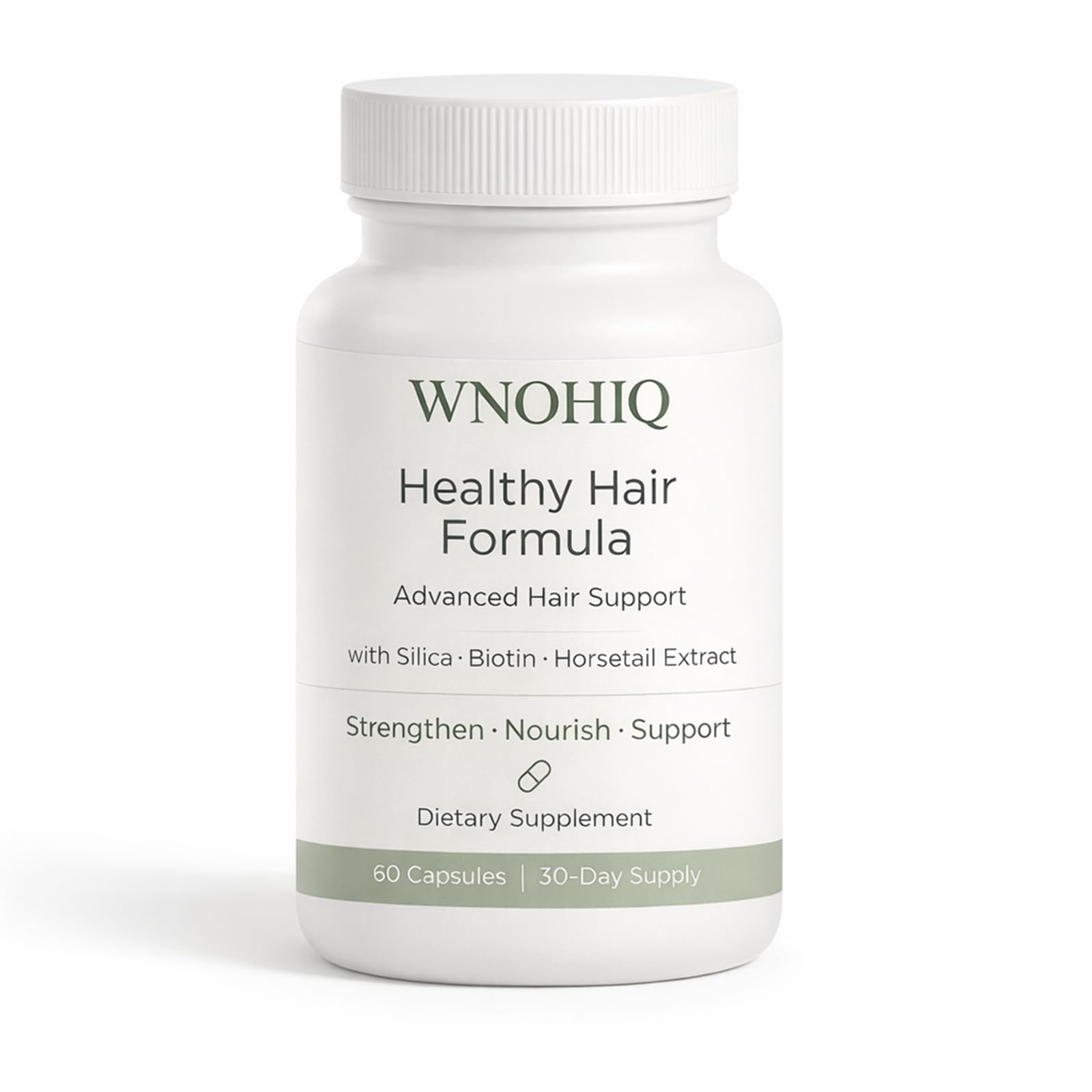 Nichalous Healthy Hair Formula bottle front view showing silica and horsetail benefits.