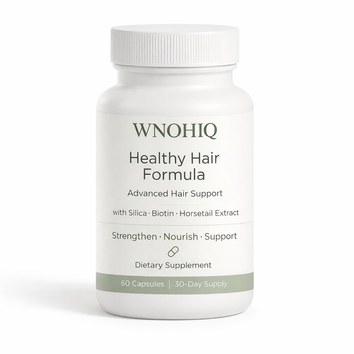 Nichalous Healthy Hair Formula bottle front view showing silica and horsetail benefits.